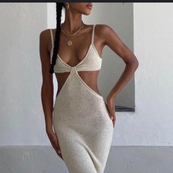 Beige Botany Bohemian Knit Coastal Bodycon Cut Out Y2K Indie Sleeze Maxi… - Picture 3 of 8